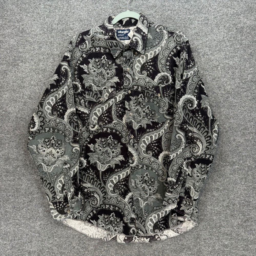 Wrangler Western Shirt Mens 17.5-35 Black Paisley Cowboy Cut Longtails Vintage